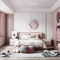 Pink And White Kids Room Interior With Bed Round Mirror Stuffed Toys And Rug