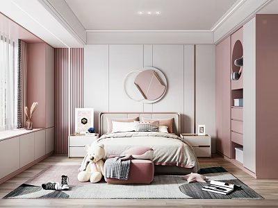 Pink And White Kids Room Interior With Bed Round Mirror Stuffed Toys And Rug 3d model
