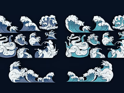 Wall Decor with Blue and White Wave Patterns on Dark Blue Background 3d model