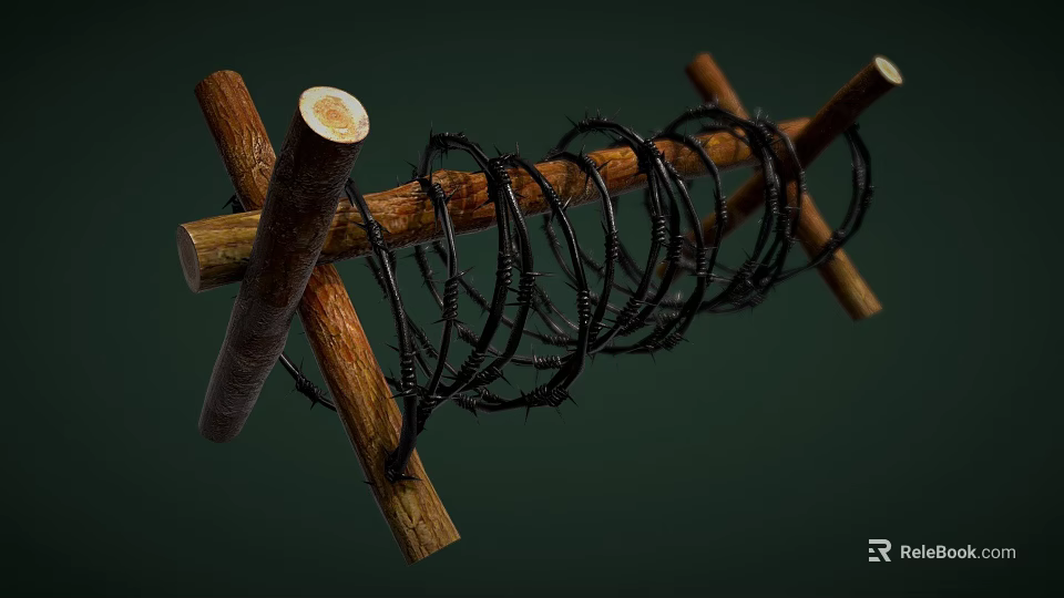 Wooden Crossed Defensive Weapon Structure With Barbed Wire Military Obstacle 3d model 