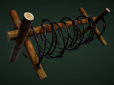 Wooden Crossed Defensive Weapon Structure With Barbed Wire Military Obstacle 3d model