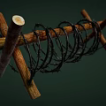 Wooden Crossed Defensive Weapon Structure With Barbed Wire Military Obstacle