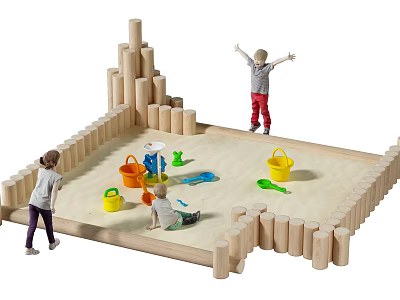 Sandpit Play Equipment With Wooden Border For Children Playing With Sand Tools Buckets And Shovels 3d model