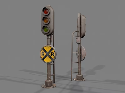 Rustic Railroad Themed Furniture With Traffic Light And Crossing Sign Decor 3d model