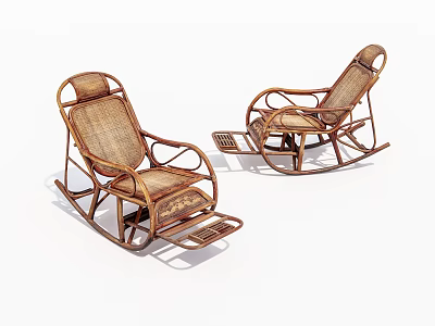 Two Rattan Rocking Lounge Chairs with Wooden Frame and Comfortable Seat Design 3d model