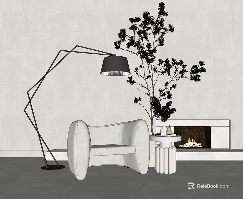 Modern White Single Sofa With Geometric Floor Lamp Green Plant And Fireplace 3d model 