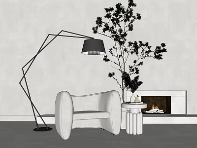 Modern White Single Sofa With Geometric Floor Lamp Green Plant And Fireplace 3d model
