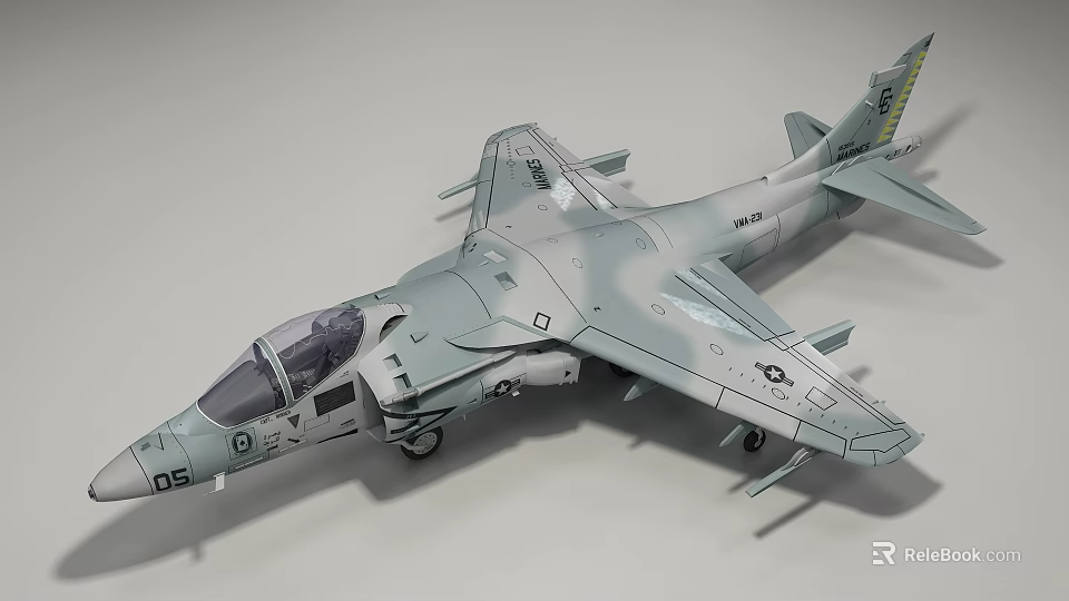 Gray Camouflage Fighter Jet Model With Cockpit Weapon Mounts Number 02 And Yellow Tail Markings 3d model 
