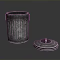 Metal Trash Can With Striped Design And Silver Lid With Handle On Dark Background