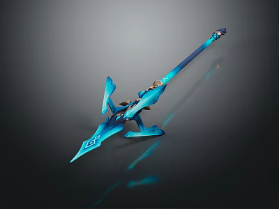 Blue Metallic Spear Weapon With Ornamental Blade And Long Decorative Handle 3d model