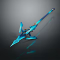 Blue Metallic Spear Weapon With Ornamental Blade And Long Decorative Handle