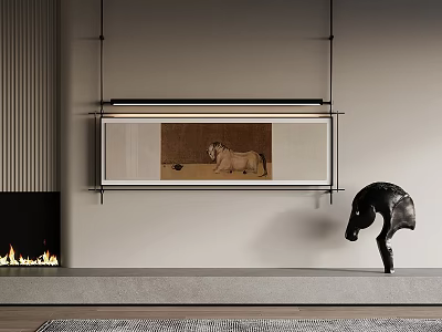 Modern Animal Painting Hanging In Interior Decor With Fireplace Sculpture And Minimalist Design 3d model