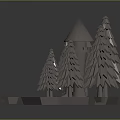 Cartoon Miniature Scene With Pointed Roof Building Pine Trees And Stones