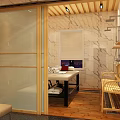 Shower Sauna Interior Design With Marble Walls Wooden Bench And Massage Bed