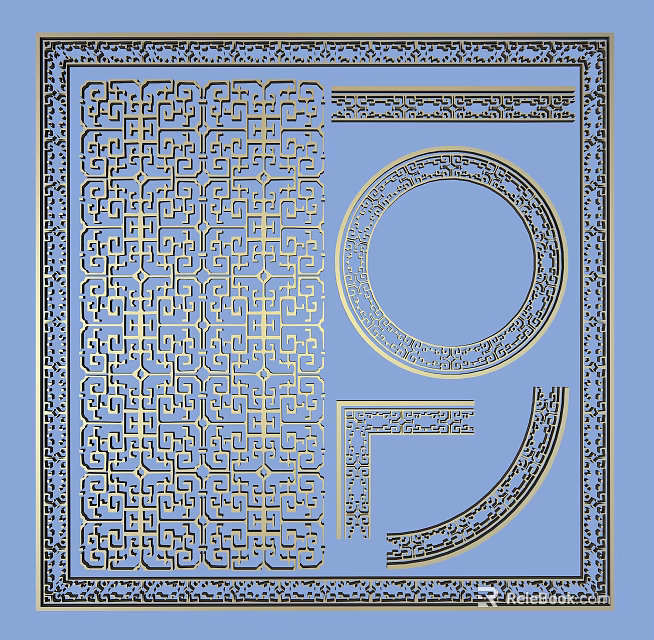 Intricate Carved Patterns With Geometric Designs And Circular Ornament On Blue Background 3d model 