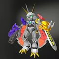 Mecha Character With Golden Horns Green Eyes Purple Arm Golden Sword And Hammer