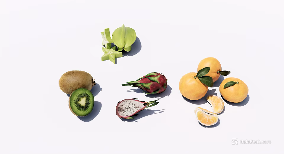 Vibrant Fresh Assorted Fruits With Whole And Sliced Kiwi Dragon Fruit Starfruit Oranges 3d model 