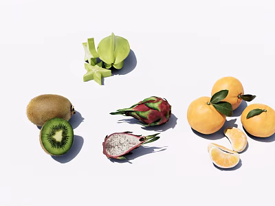Vibrant Fresh Assorted Fruits With Whole And Sliced Kiwi Dragon Fruit Starfruit Oranges 3d model