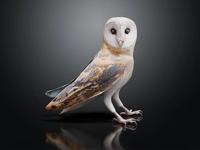 Beautiful Barn Owl With White Face And Brown Gray Feathers Standing On Black Surface 3d model