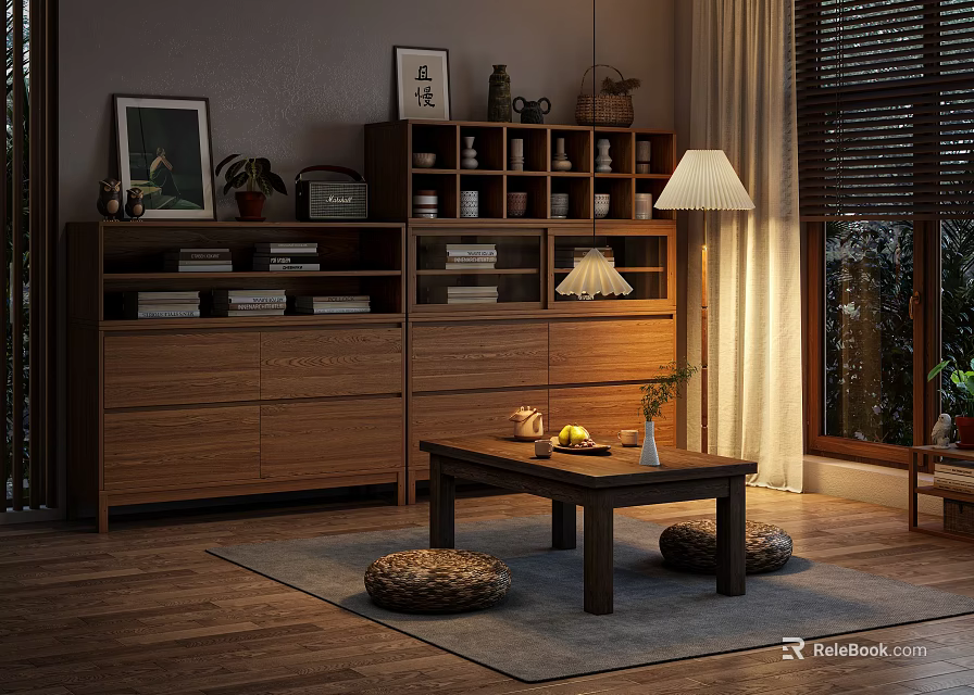 Natural Wooden Sideboard Cabinet In Living Room With Bookshelf Table Lamp And Decor Items 3d model 