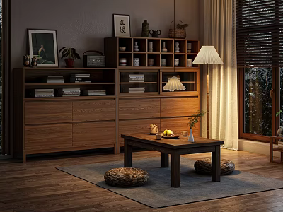 Natural Wooden Sideboard Cabinet In Living Room With Bookshelf Table Lamp And Decor Items 3d model