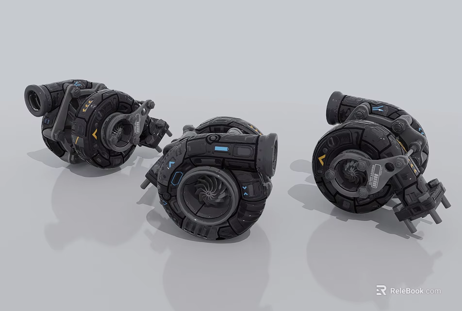 Three Black Industrial Machinery Parts Featuring Circular Structures And Detailed Design 3d model 