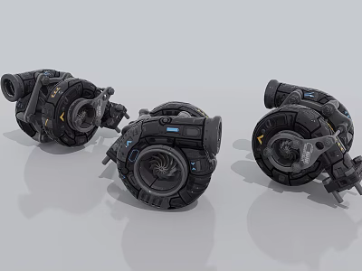 Three Black Industrial Machinery Parts Featuring Circular Structures And Detailed Design 3d model