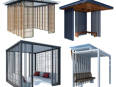 Various Modern Outdoor Pavilion Designs With Wooden Metal Frames And Seating 3d model