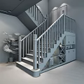 Chinese Style Wooden Staircase With Wine Cabinet Green Plant And Landscape Painting