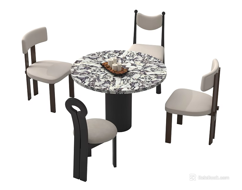 Round Marble Top Dining Table Set with Four Light Gray Cushioned Dark Leg Chairs 3d model