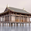 Ancient Chinese Architecture Classic Roof Design With Ornate Eaves And Wooden Columns On Waterfront Platform