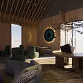Modern Hotel Lobby With Wooden Roof Large Windows Natural Light And Green Comfortable Seating
