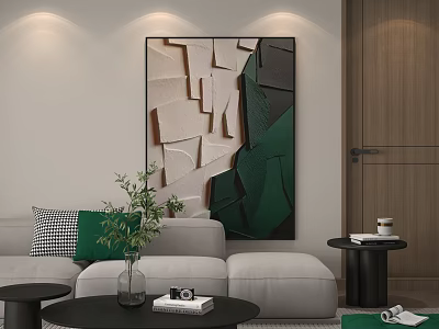 Modern Living Room Sofa Background Wall With Abstract Painting Green Pillows And Plant Decor 3d model