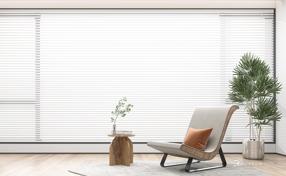 Modern Living Room Interior With Venetian Blinds Armchair Side Table And Green Plant 3d model 