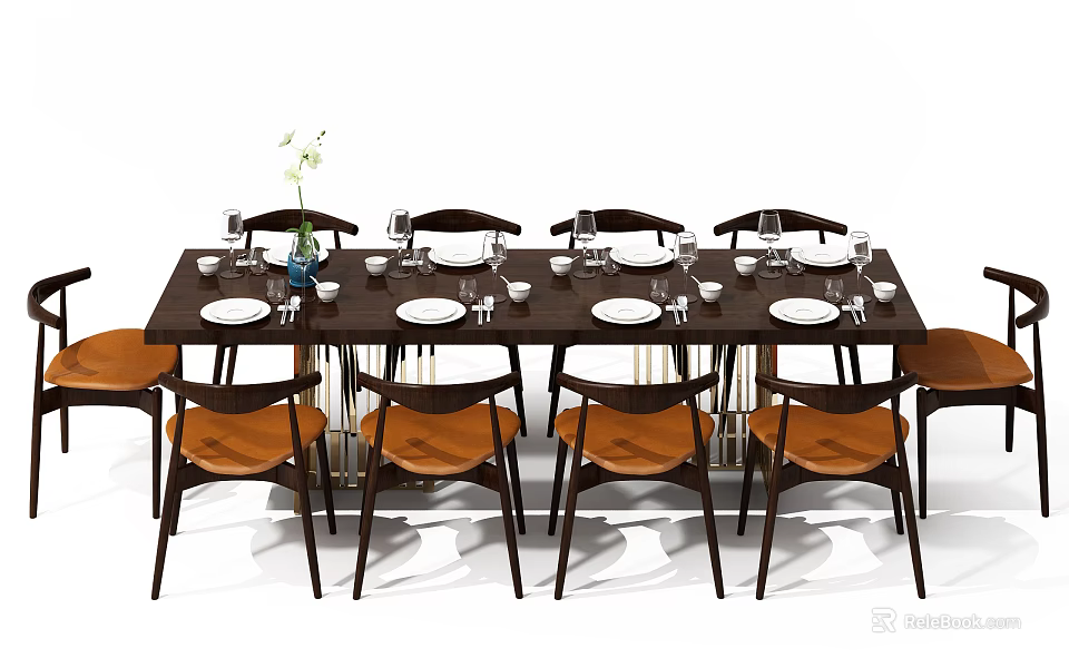 Dining Table Set With Dark Wooden Table Brown Upholstered Chairs And Tableware Decor 3d model