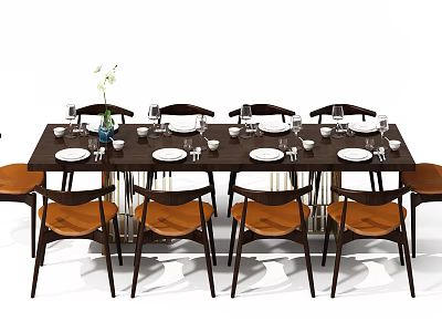 Dining Table Set With Dark Wooden Table Brown Upholstered Chairs And Tableware Decor 3d model