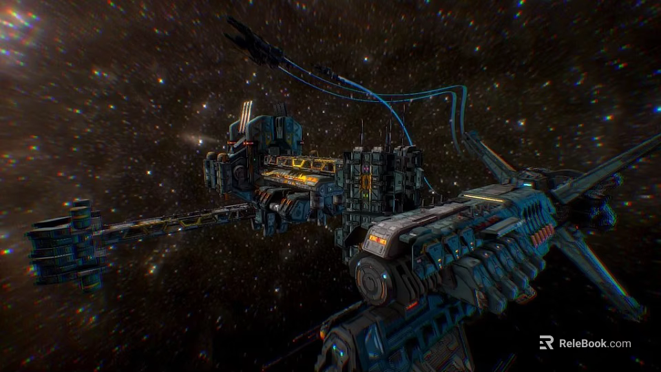 Large Sci Fi Space Station With Complex Mechanical Structures In Starry Cosmic Background 3d model 