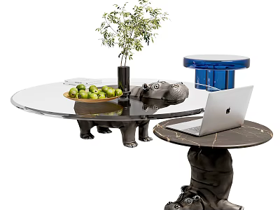 Hippo Shaped Legs Coffee Table With Glass Top Plant Vase And Green Fruits Bowl 3d model