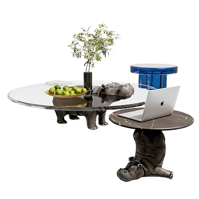 Hippo Shaped Legs Coffee Table With Glass Top Plant Vase And Green Fruits Bowl 3d model