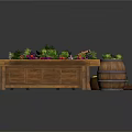 Wooden Table Decorated With Green Vegetables And Flowers Alongside Wooden Barrel And Small Plate