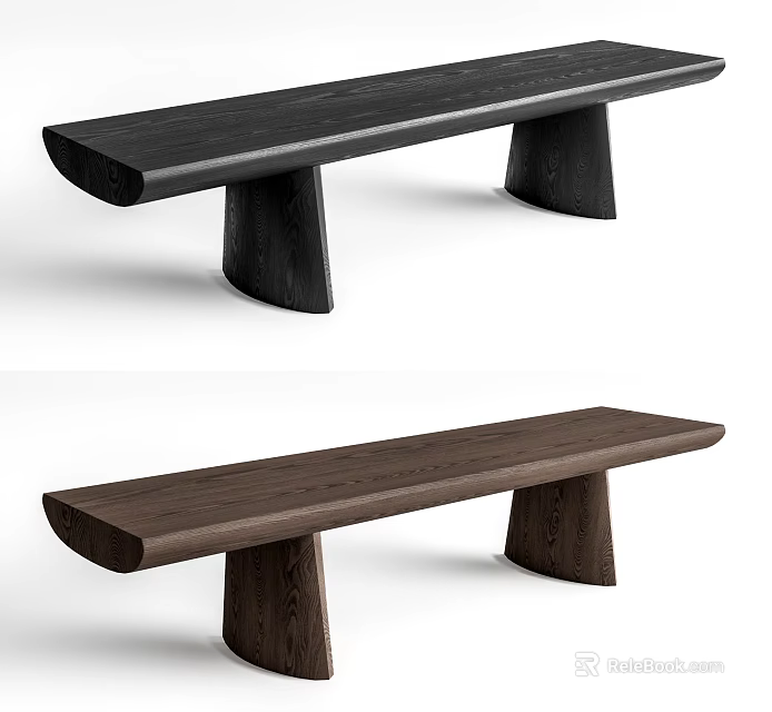 Modern Wooden Public Bench With Thick Seat Unique Legs In Black And Brown 3d model 