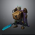 Anthropomorphic Robot King With Golden Crown Purple Cape And Blue Sword