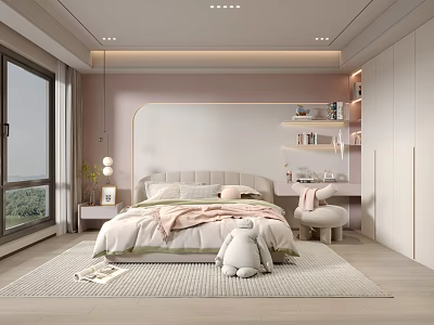 Bright Kids Room With Pink White Bed Stuffed Bear Desk Chair And Shelves 3d model