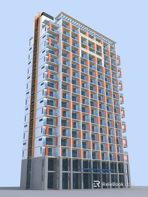 Modern High Rise Residential Building With Orange And White Facades And Balconies 3d model 