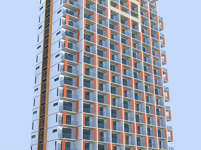 Modern High Rise Residential Building With Orange And White Facades And Balconies 3d model