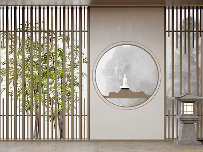 Modern Chinese Style Background Wall With Circular Window Bamboo And Stone Lantern 3d model