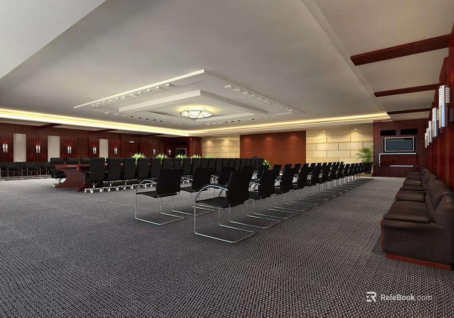 Elegant Conference Room With Podium Chandelier Wooden Walls And Black Chairs Setup 3d model 