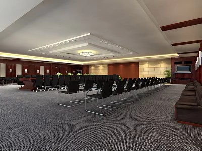Elegant Conference Room With Podium Chandelier Wooden Walls And Black Chairs Setup 3d model