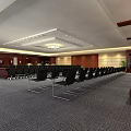 Elegant Conference Room With Podium Chandelier Wooden Walls And Black Chairs Setup