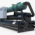 Industrial Chiller Unit with Green Cylindrical Components Control Panel and Black Cylindrical Pipes